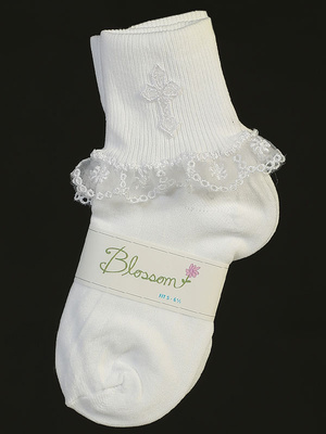 Girls christening socks with embroidered cross and lace trim