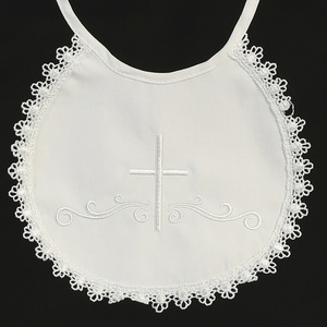 Cotton bib with embroidered cross & lace trim