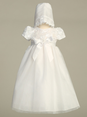 Embroidered satin ribbon with tulle gown