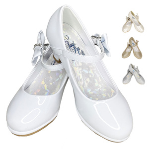 Girls shoes with 2" heel & adjustable strap, side bow with rhinestones