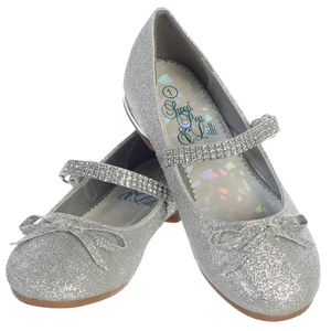 Girl's flat shoes with rhinestone strap & bow accent