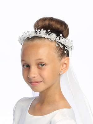 24" Veil - Crystal & organza flowers with rhinestone accents