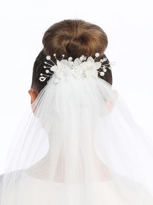 24" Veil on comb - Organza flowers & rhinestones, pearls & crystals