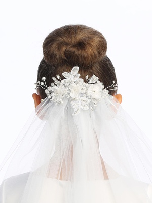 24" veil on comb - Organza flowers with pearls & rhinestones