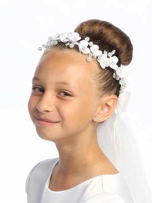 24" Veil -  Satin Flowers, Rhinestones & Pearls