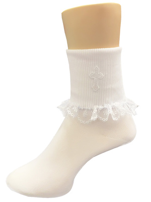 Girls socks with embroidered cross and lace trim