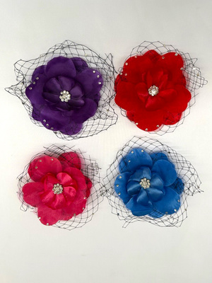 Flower hair clips with Rhinestone & Black fishnet accents