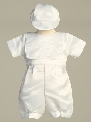 Satin romper set with embroidered bib (Cross & Holy Spirit)