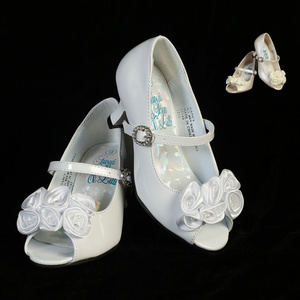 Girls shoes with 1 1/2" heel & satin flowers with pearl accents