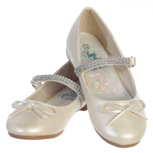 Girl's flat shoes with rhinestone strap & bow accent