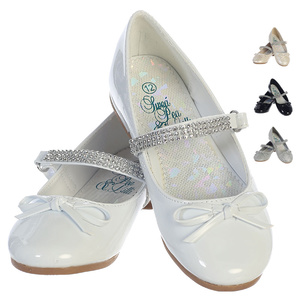 Girl's flat shoes with rhinestone strap & bow accent