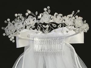 24" Veil - Crystal & organza flowers with rhinestone accents