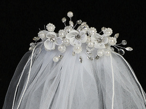 24" Veil on comb - Organza flowers & rhinestones, pearls & crystals