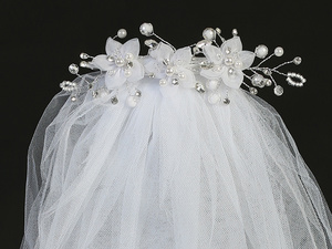 24" Veil on comb - Organza flowers & rhinestones, pearls & crystals