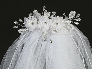 24" Veil on comb - Organza flowers & rhinestones, pearls & crystals