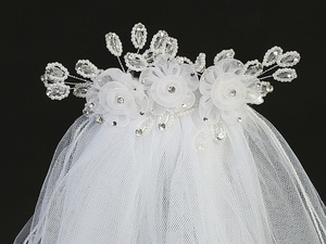 24" Veil on comb - Organza flowers & rhinestones, pearls & crystals