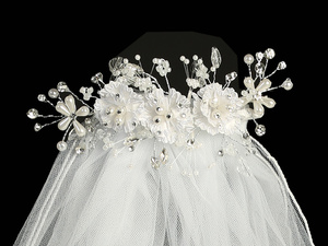 24" veil on comb - Corded flowers with pearls & rhinestones
