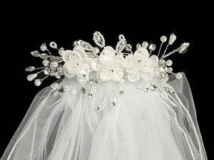 24" veil on comb - Organza & Corded flowers with rhinestones