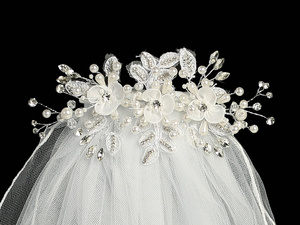 24" veil on comb - Organza flowers with pearls & rhinestones