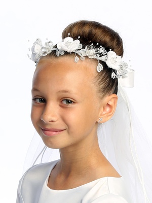 24" Veil - Satin & Crystal flowers with pearl & rhinestones