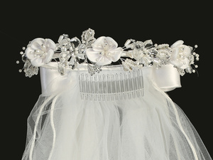 24" Veil - Satin & Crystal flowers with pearl & rhinestones