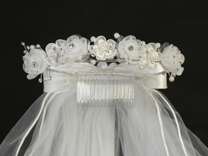 24" Veil - Organza Flowers. Rhinestones & Pearls