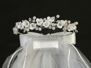 24" Veil -  Satin Flowers, Rhinestones & Pearls