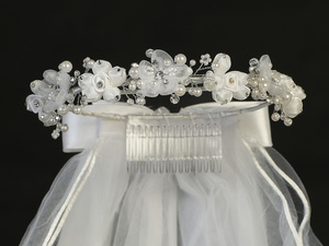 24" Veil - Organza & Satin Flowers, Rhinestones & Pearls
