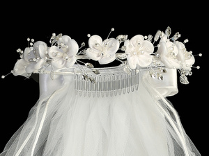 24" veil - Satin flowers with beads & pearls