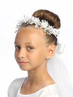 24" veil - Organza flowers with pearls & rhinestones