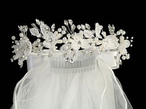 24" veil - Organza flowers with pearls & rhinestones