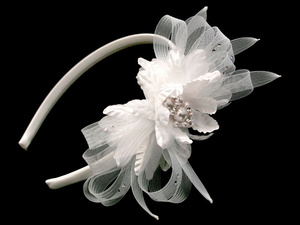 Satin headband with tulle & flower with pearl centers
