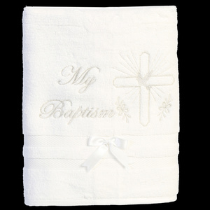 Christening towel with silver embroidered cross & dove