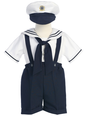 White sailor top with Navy suspender shorts